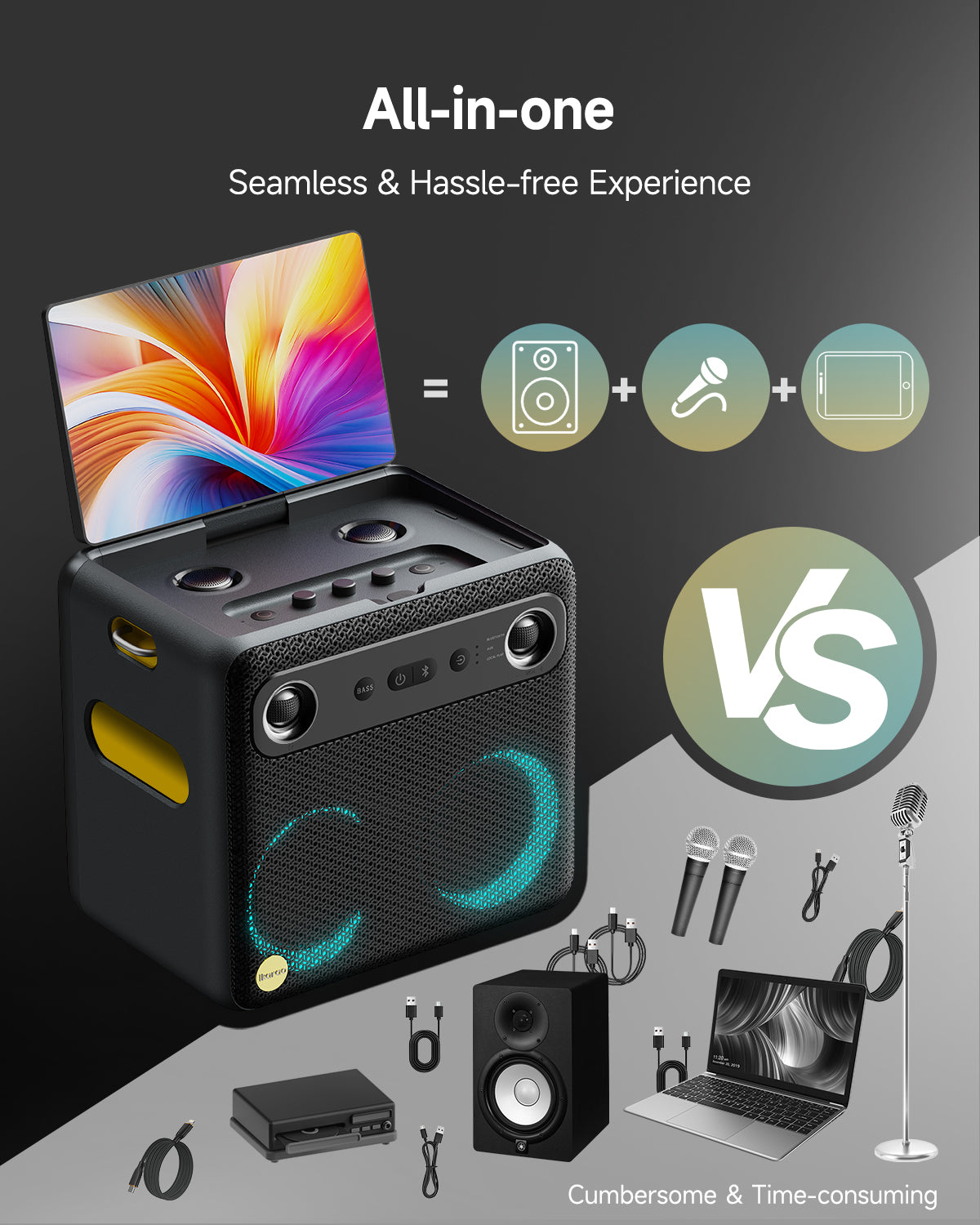 Ikarao Smart Karaoke Machine for Adults with Screen Lyrics Display,2 Wireless Mics,Portable Bluetooth Speaker for Music Party