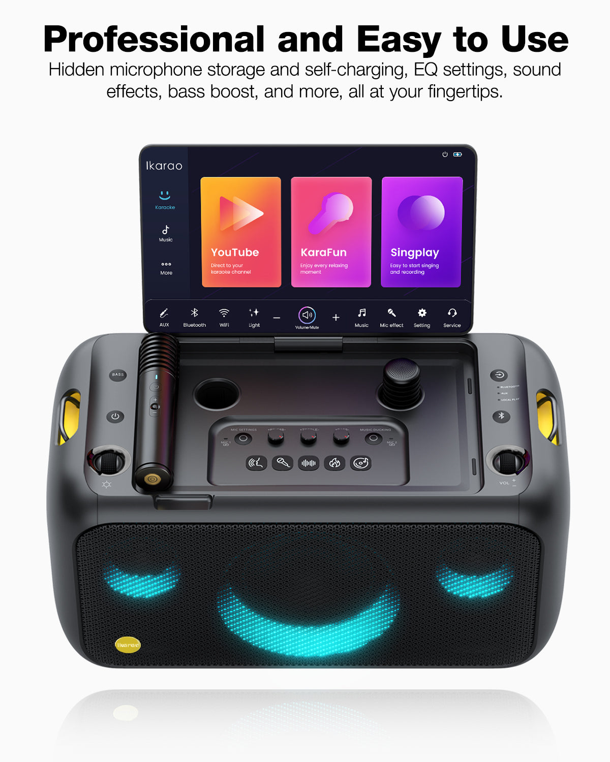 Ikarao Karaoke Machine for Adults, Built-in 13.3-inch Screen, Portable Bluetooth Speaker with 2 Wireless Mics for TV, Music Party