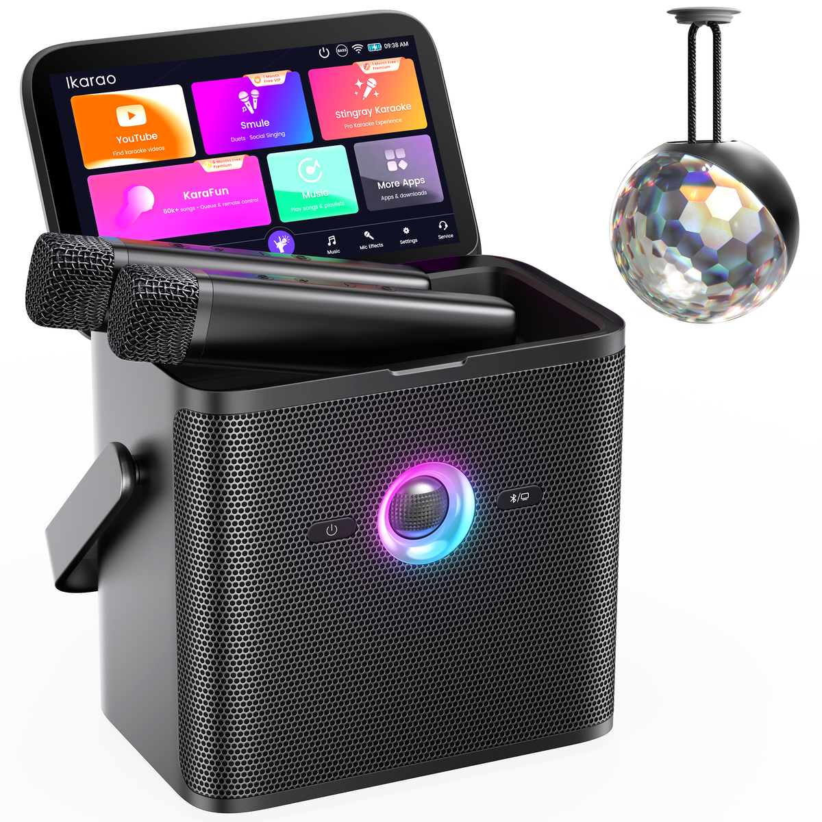 Ikarao Shell S3 PRO Karaoke Machine Bundle with Rechargeable Disco Ball Party Light for Adults & Kids, 7" Screen, 2 Wireless Microphones, 80W Speaker, Autotune & Echo, HDMI, 6-Month KaraFun