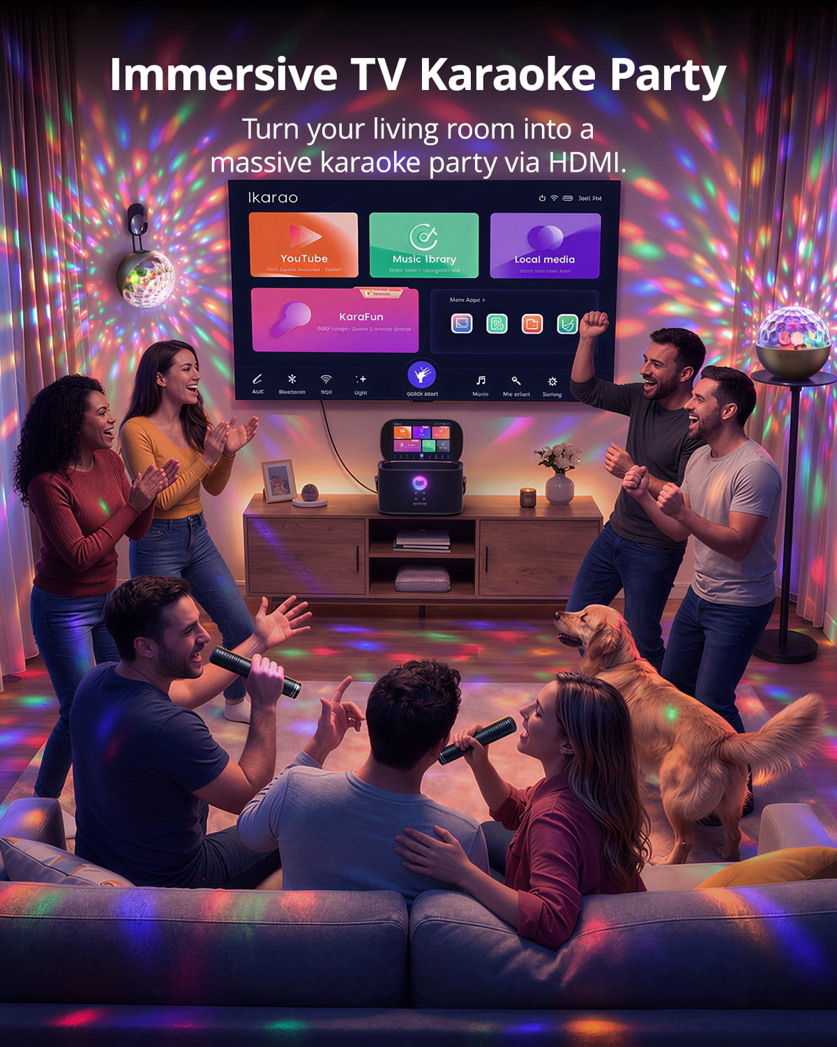 Ikarao Portable Karaoke Machine for Adults with Disco Ball Party Light, Built-in Lyrics Display Screen, 2 Wireless Microphones, 140W Speaker, HDMI TV Connection, Karaoke App, Bluetooth 5.4