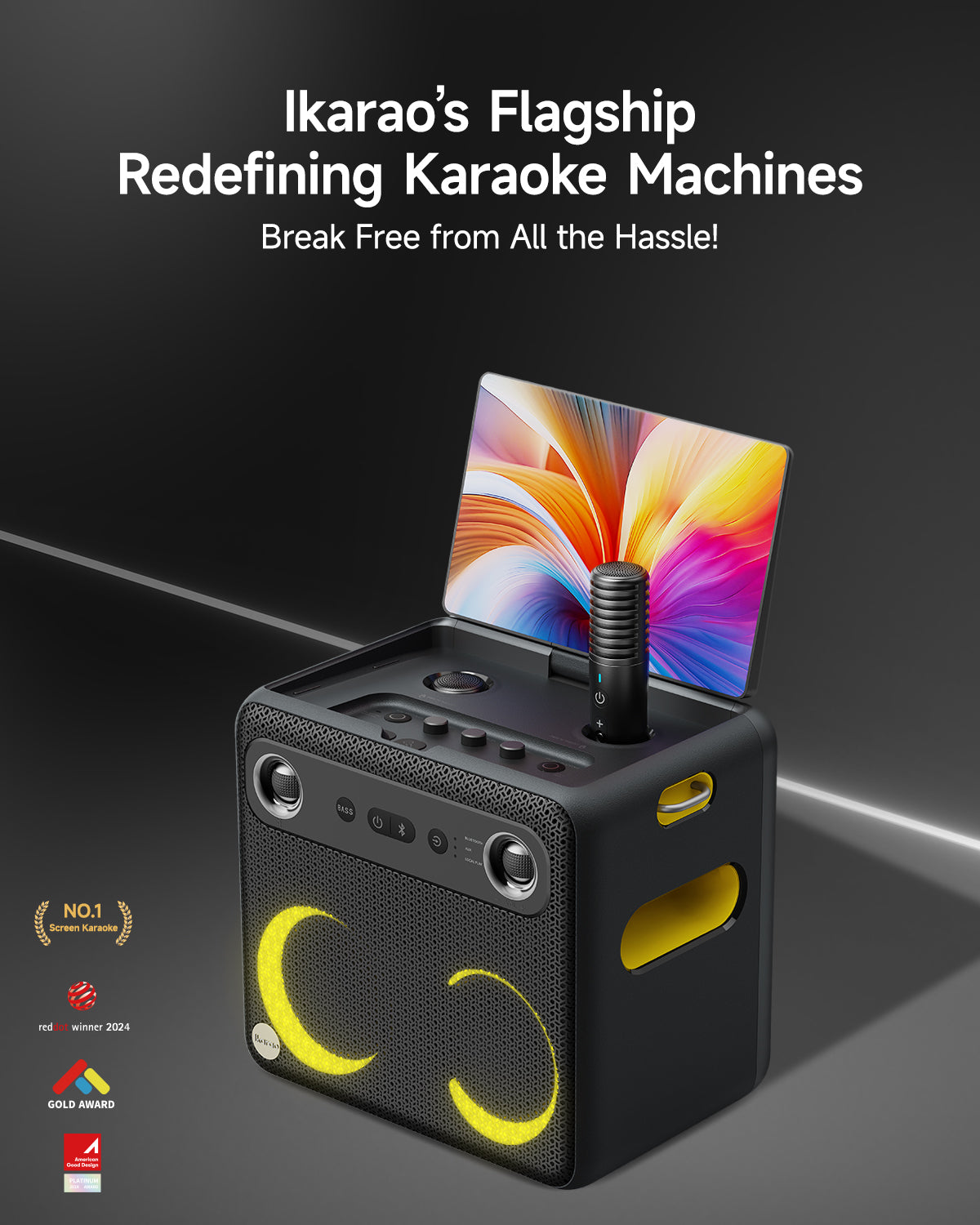Ikarao Smart Karaoke Machine for Adults with Screen Lyrics Display,2 Wireless Mics,Portable Bluetooth Speaker for Music Party