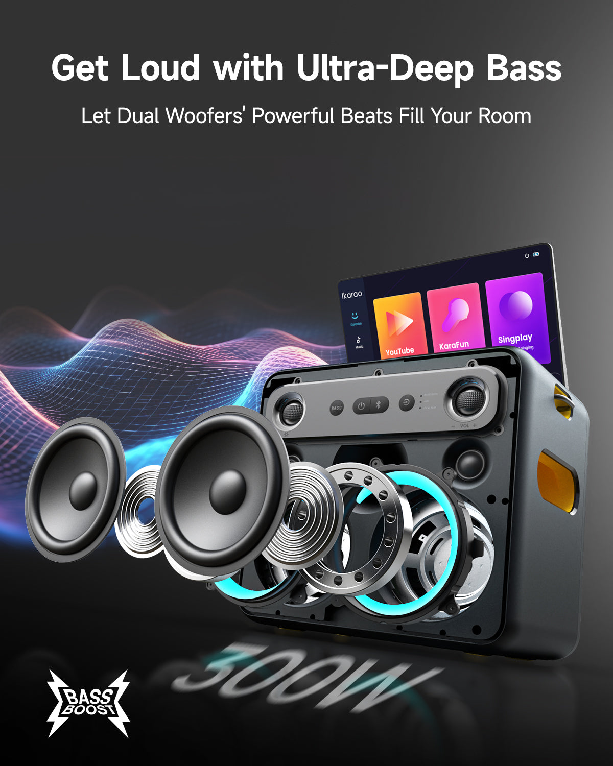 Ikarao Smart Karaoke Machine for Adults with Screen Lyrics Display,2 Wireless Mics,Portable Bluetooth Speaker for Music Party