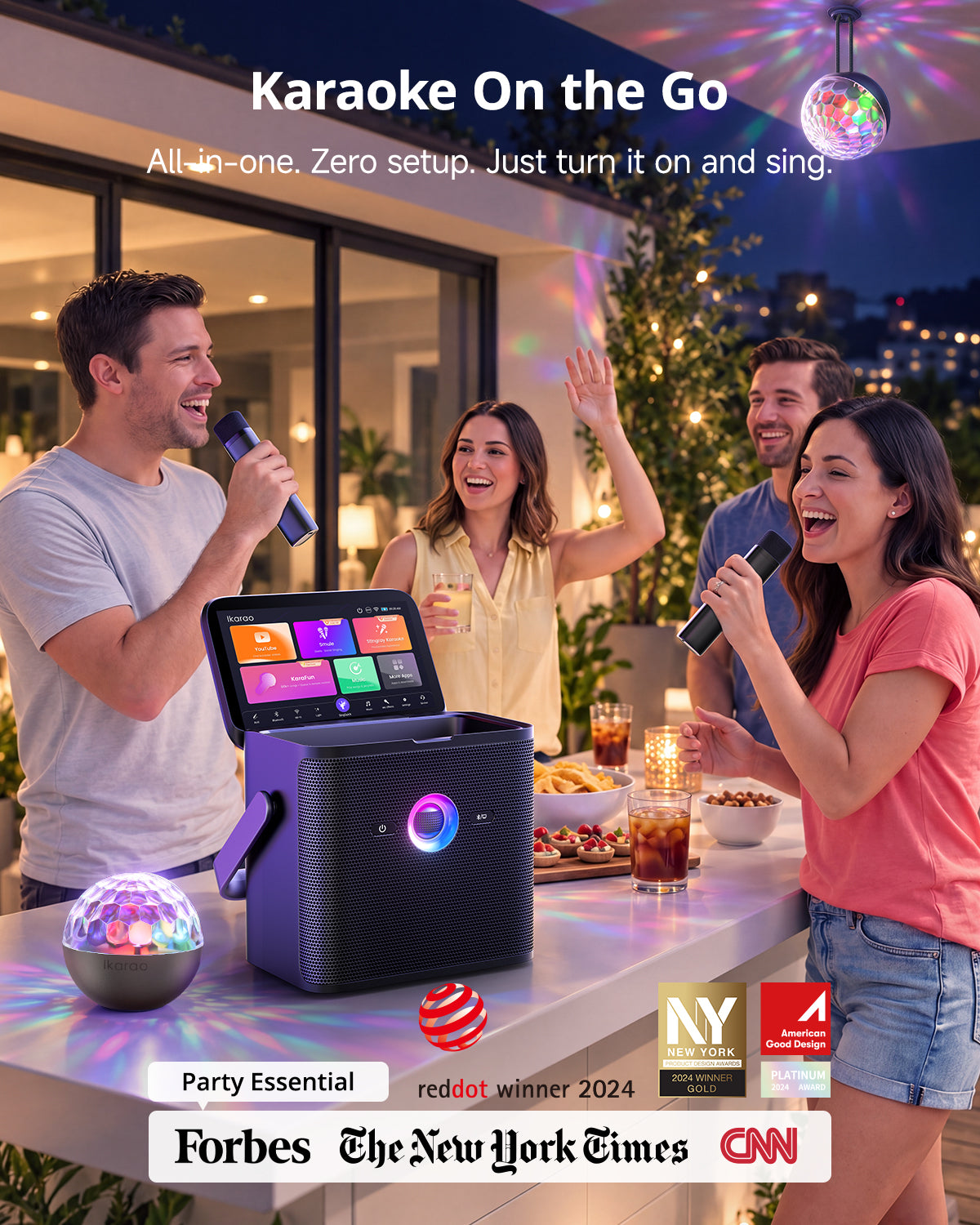 Ikarao Shell S3 PRO Karaoke Machine Bundle with Rechargeable Disco Ball Party Light for Adults & Kids, 7" Screen, 2 Wireless Microphones, 80W Speaker, Autotune & Echo, HDMI, 6-Month KaraFun