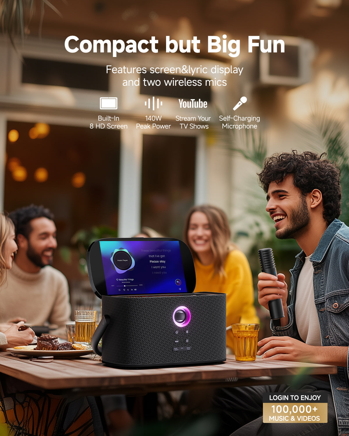 The Ikarao Shell S2 is a compact yet powerful karaoke machine featuring an 8-inch HD screen for lyric display, two wireless microphones, and 140W peak power for an immersive sound experience. With a built-in rechargeable battery, it offers up to 8 hours of fun. Stream YouTube and TV shows for an all-in-one entertainment solution, perfect for parties and family gatherings.