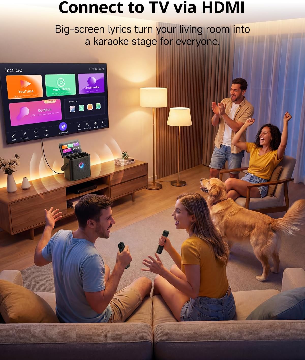 Ikarao Karaoke Machine for Kids & Adults, with Lyrics Screen, 2 Wireless Mics, Autotune & Echo, HDMI Connect to TV, Portable Speaker for Home, Outdoor