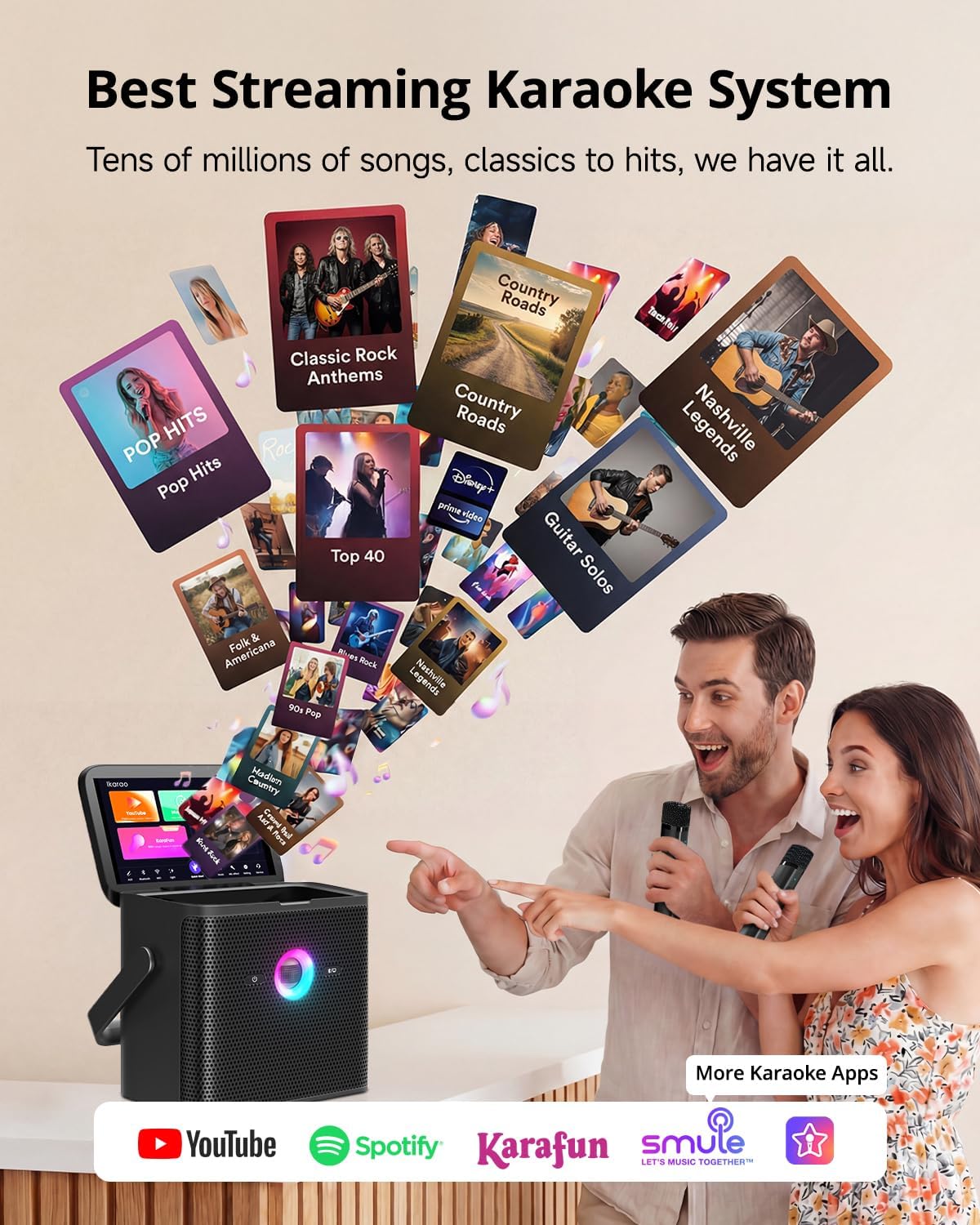 Ikarao Karaoke Machine for Kids & Adults, with Lyrics Screen, 2 Wireless Mics, Autotune & Echo, HDMI Connect to TV, Portable Speaker for Home, Outdoor