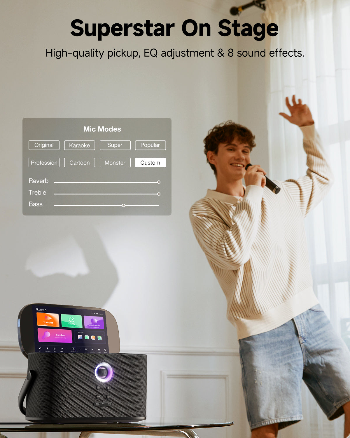 Become a superstar on stage with the Ikarao karaoke machine. Featuring high-quality pickup, EQ adjustment, and 8 sound effects to enhance your performance.