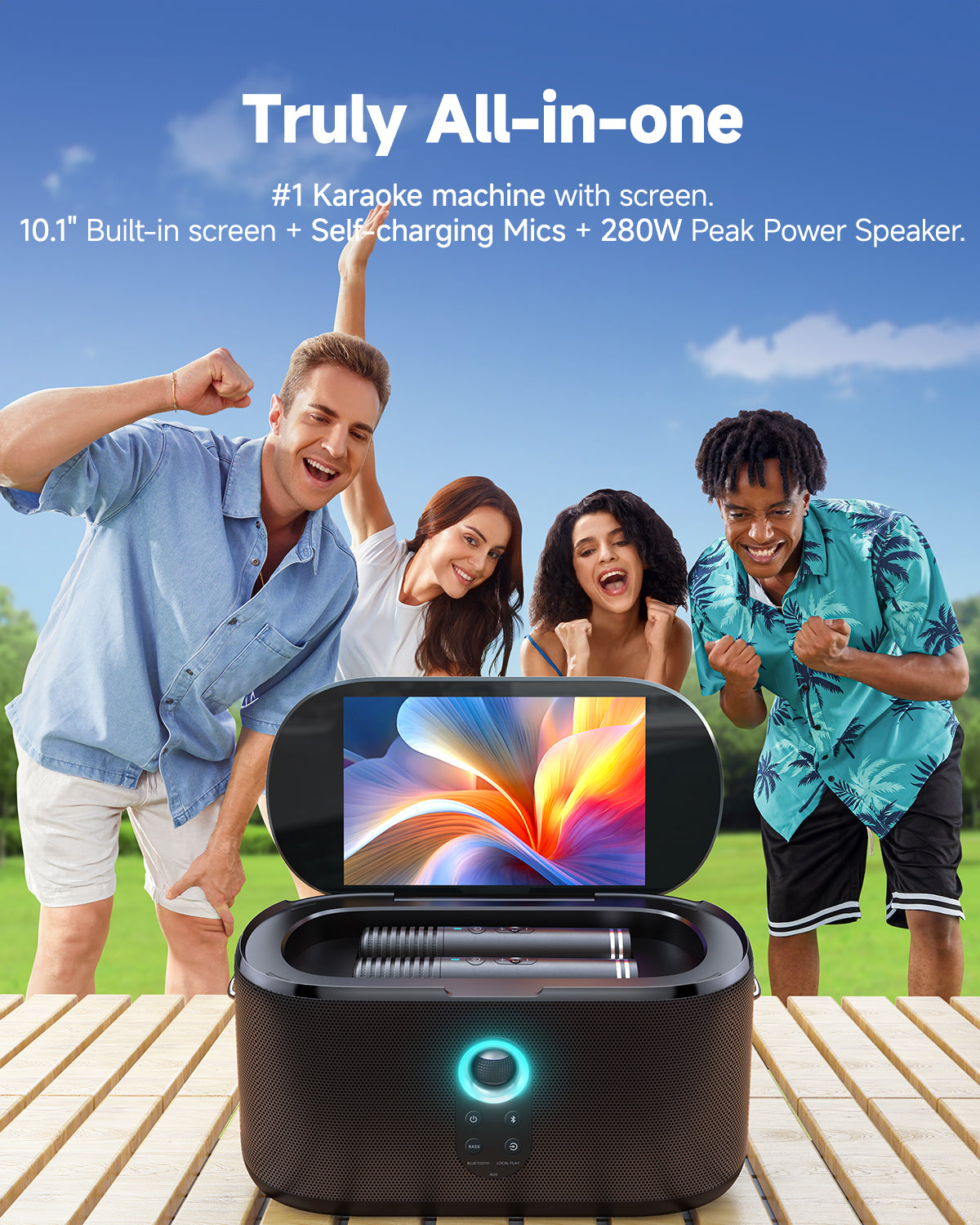 Discover the all-in-one karaoke machine featuring a 10.1