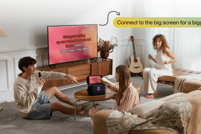 Friends singing with lyrics displayed on a television