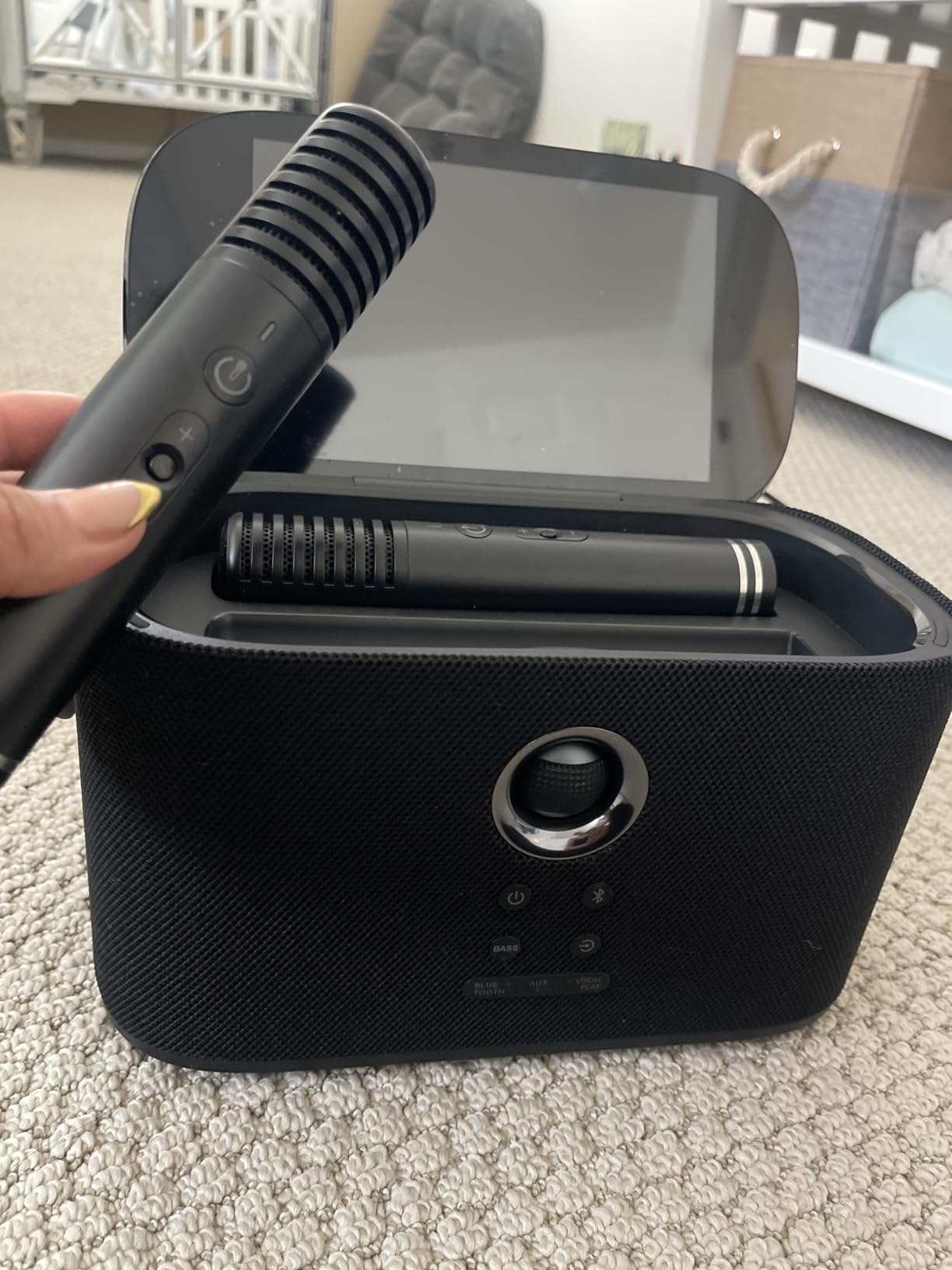 Customer holding a wireless microphone beside the Ikarao Shell S2